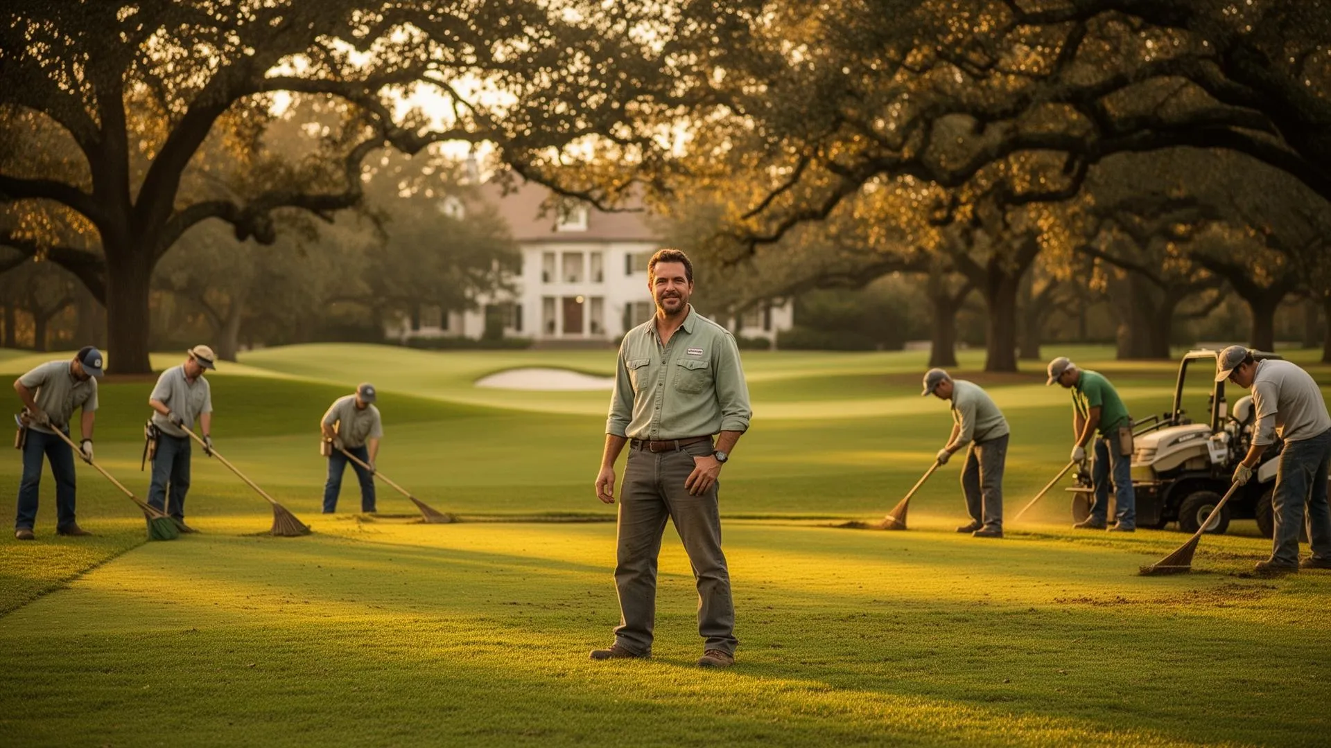 A landscaping crew working at golden hour